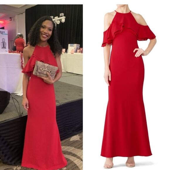 Badgley Mischka Crossover Ruffle Gown 8 Red Cold Shoulder Formal Maxi - Picture 3 of 9